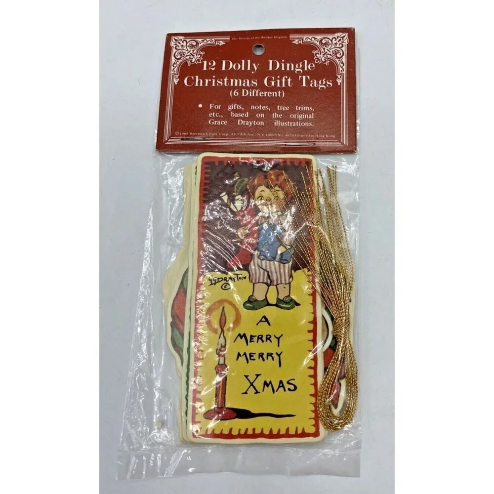 NWT 1985 Dolly Dingle Merry Christmas Gift Tags 12 (6 Diff) Hong Kong Merrimack